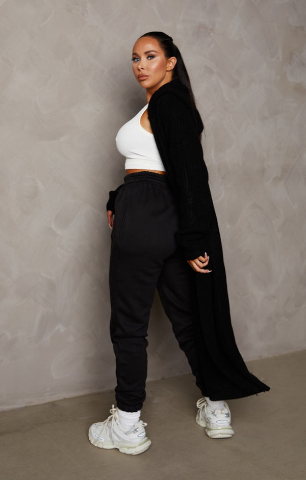femme luxe Black Knitted Long Sleeve Longline Hooded Cardigan - Emily
