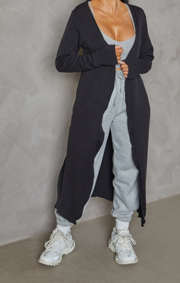 femme luxe Black Knitted Long Sleeve Longline Midi Cardigan - Kiana