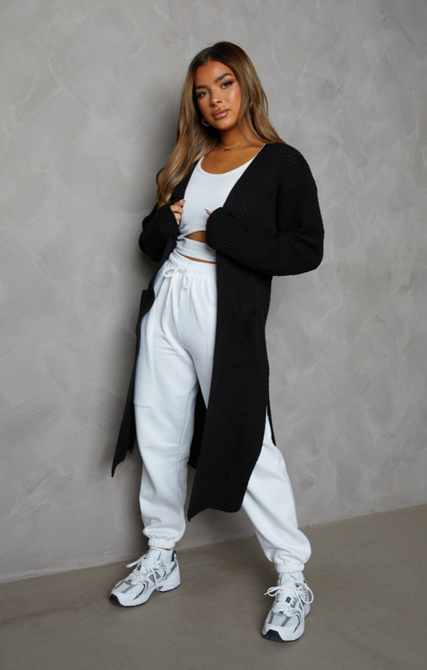 Femme Luxe Black Knitted Long Sleeve Side Split Longline Midi Cardigan - Avery