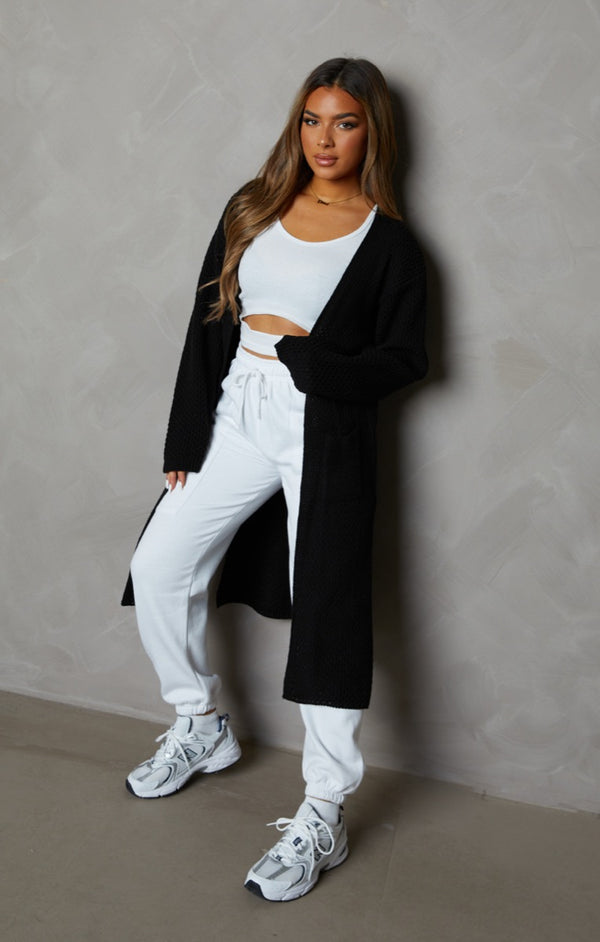 Femme Luxe Black Knitted Long Sleeve Side Split Longline Midi Cardigan - Avery