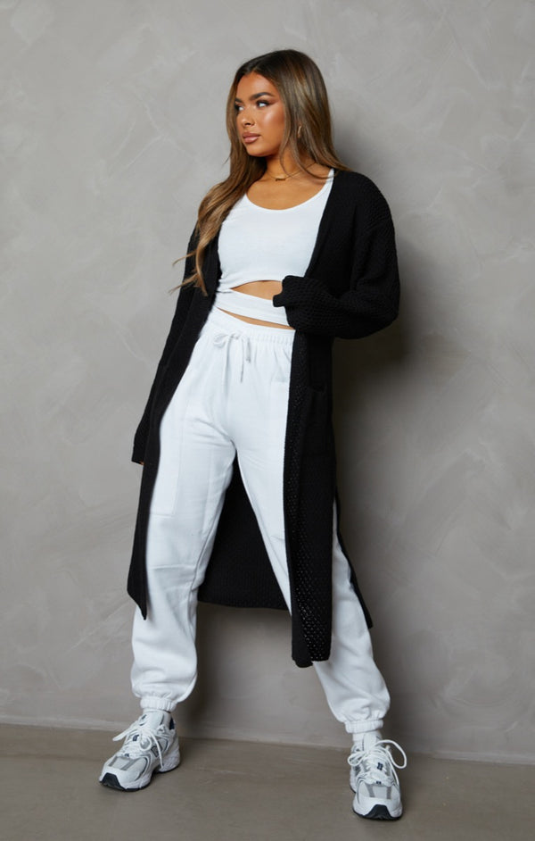 Femme Luxe Black Knitted Long Sleeve Side Split Longline Midi Cardigan - Avery