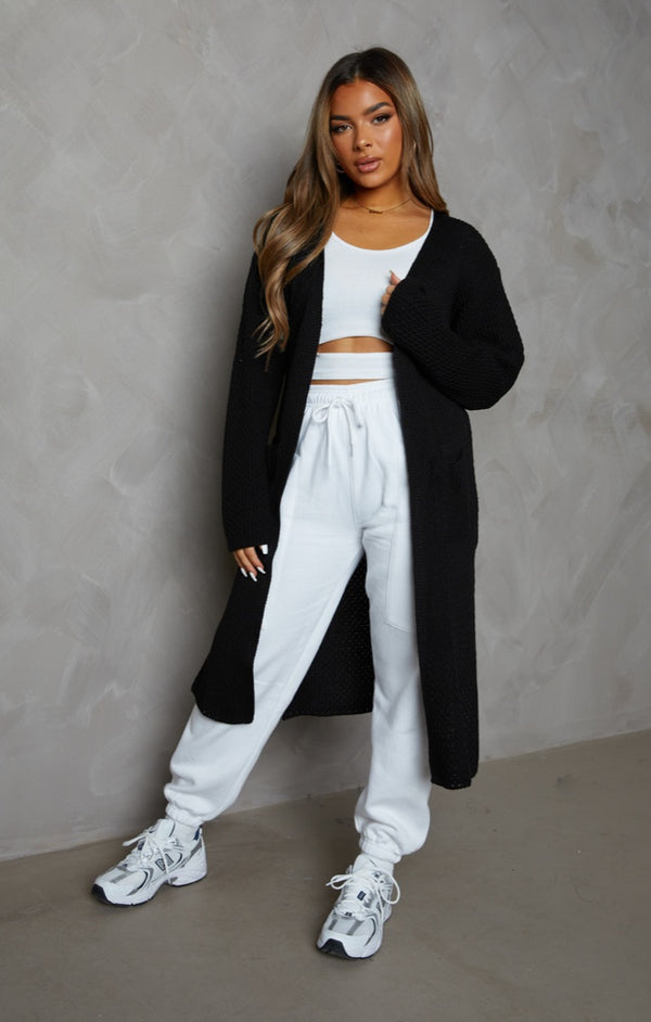 femme luxe Black Knitted Long Sleeve Side Split Longline Midi Cardigan - Avery