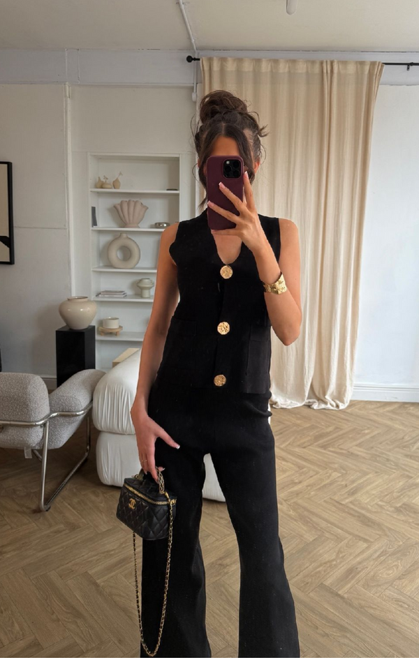 Femme Luxe Black Knitted Sleeveless Waistcoat With Wide Leg Trouser Co Ord Set - Natalia