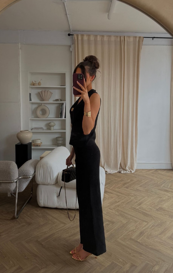 Femme Luxe Black Knitted Sleeveless Waistcoat With Wide Leg Trouser Co Ord Set - Natalia