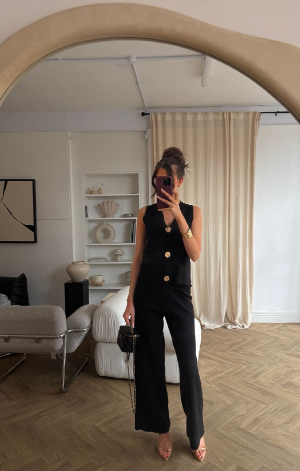 Femme Luxe Black Knitted Sleeveless Waistcoat With Wide Leg Trouser Co Ord Set - Natalia