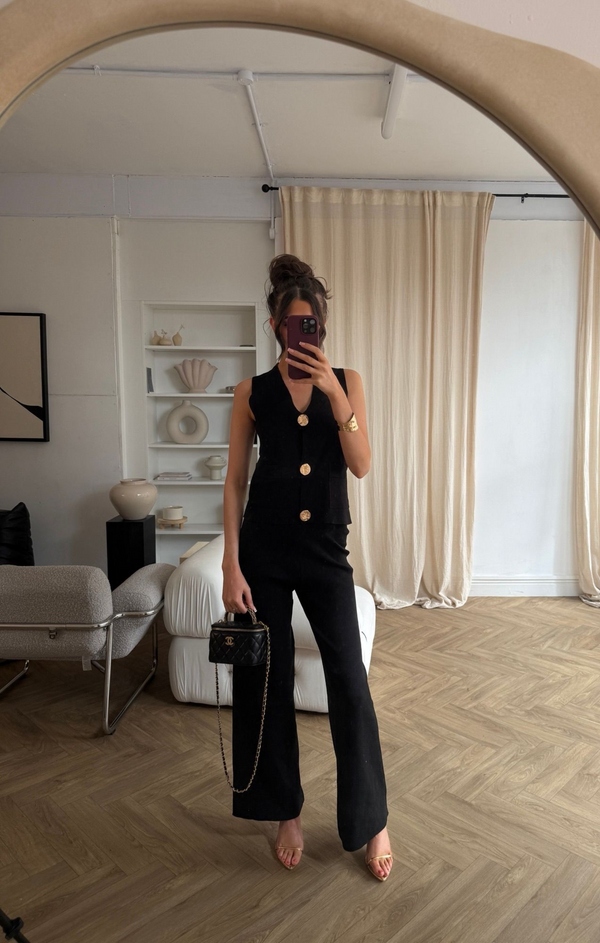 femme luxe Black Knitted Sleeveless Waistcoat With Wide Leg Trouser Co Ord Set - Natalia
