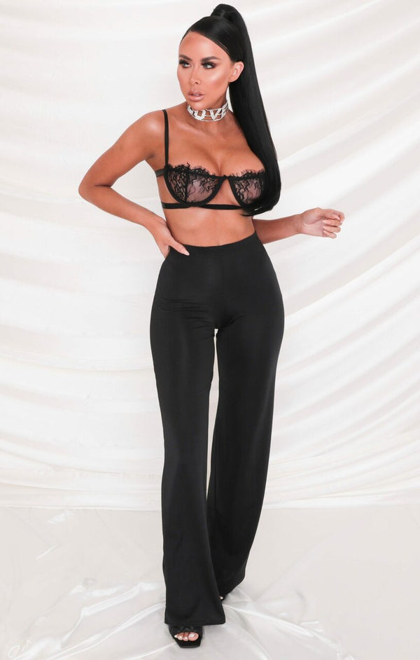 Femme Luxe Black Lace Balcony Bra & High Waisted Ring Detail Thong Set - Molly