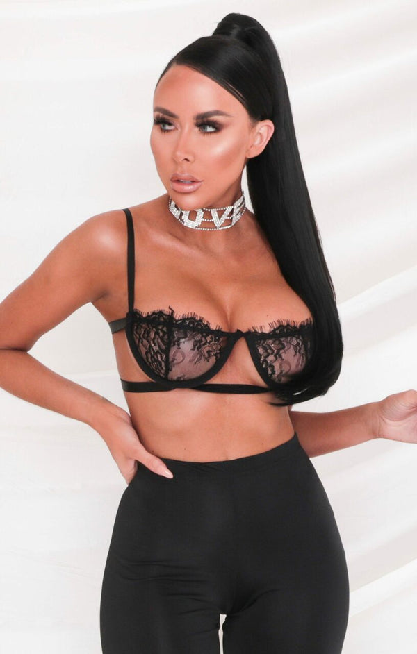 femme luxe Black Lace Balcony Bra & High Waisted Ring Detail Thong Set - Molly