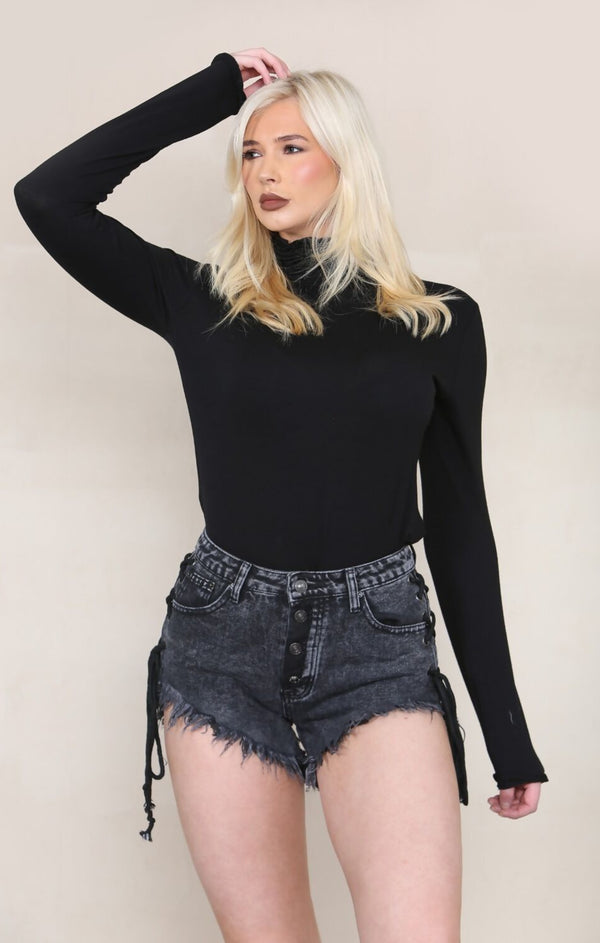 Femme Luxe Black Lace Up Side Denim Frayed Shorts - Leontina