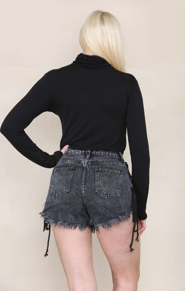 Femme Luxe Black Lace Up Side Denim Frayed Shorts - Leontina