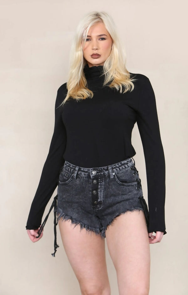 femme luxe Black Lace Up Side Denim Frayed Shorts - Leontina