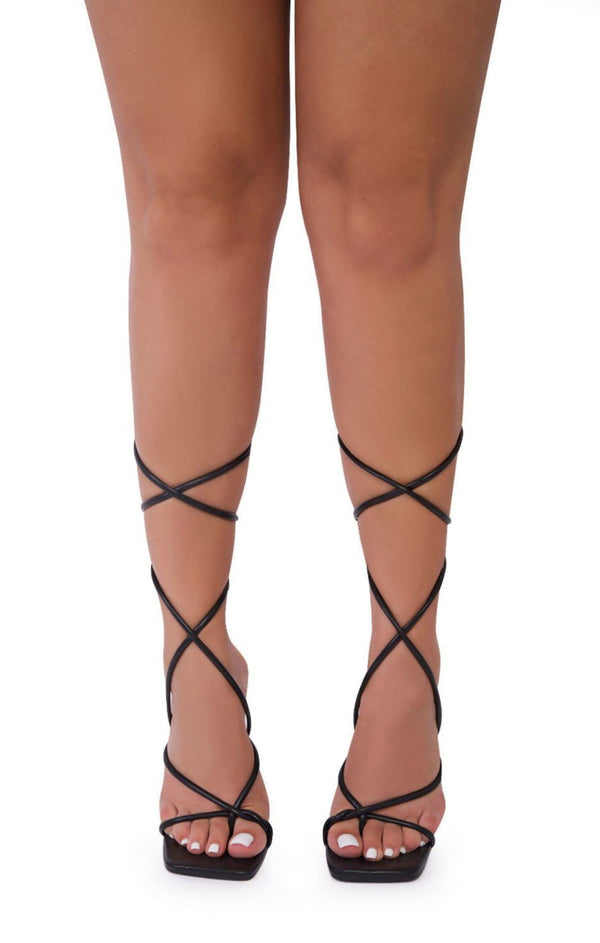 Femme Luxe Black Lace Up Strappy Stiletto Square Toe Heels - Danira