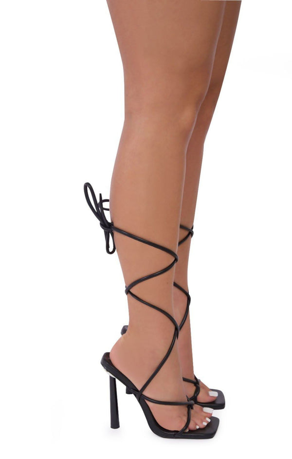 Femme Luxe Black Lace Up Strappy Stiletto Square Toe Heels - Danira