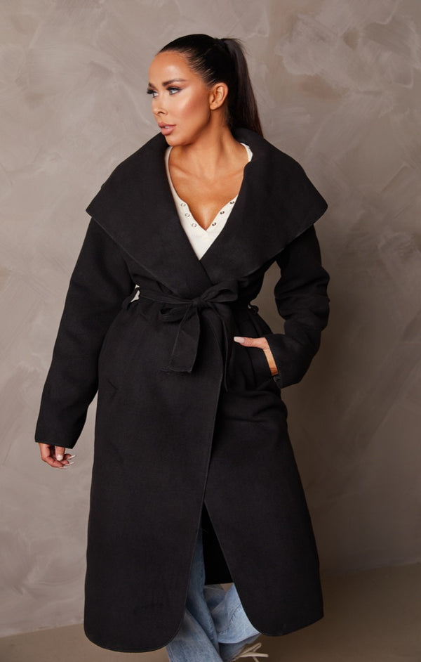 Femme Luxe Black Long Sleeve Belted Side Pocket Shawl Collar Midi Longline Coat - Payton