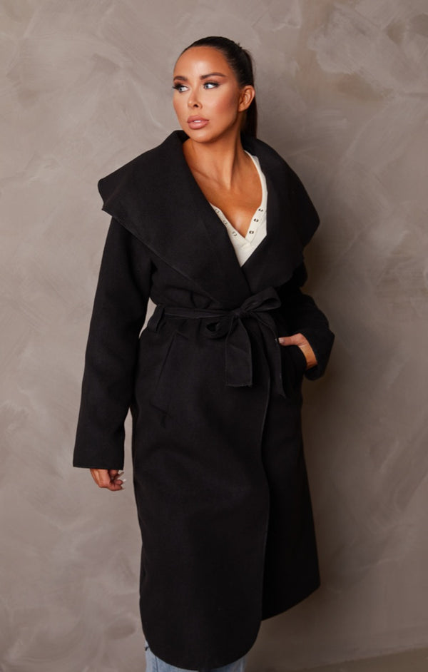 Femme Luxe Black Long Sleeve Belted Side Pocket Shawl Collar Midi Longline Coat - Payton