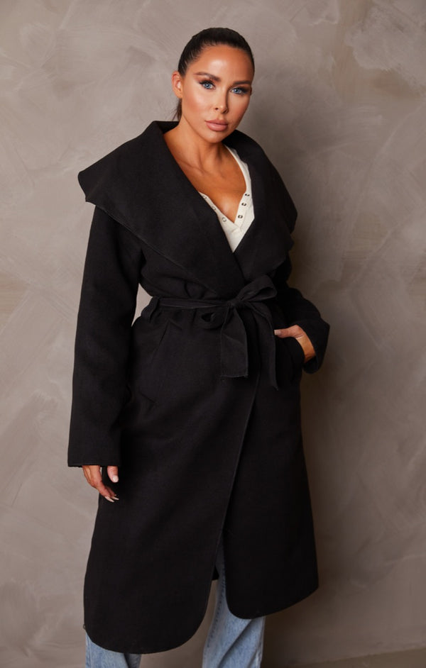 Femme Luxe Black Long Sleeve Belted Side Pocket Shawl Collar Midi Longline Coat - Payton