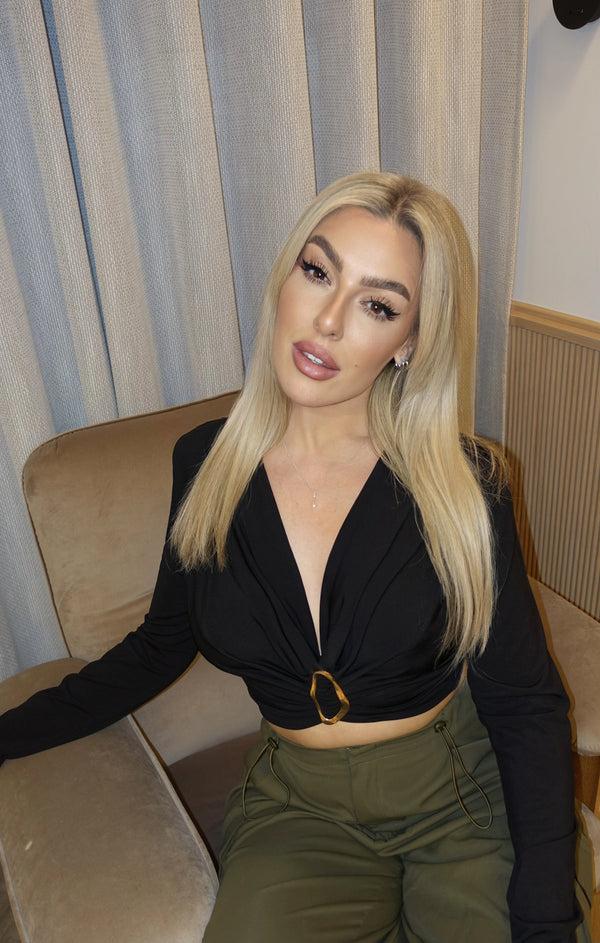 Femme Luxe Black Long Sleeve Buckle Front Twist Crop Top - Flora