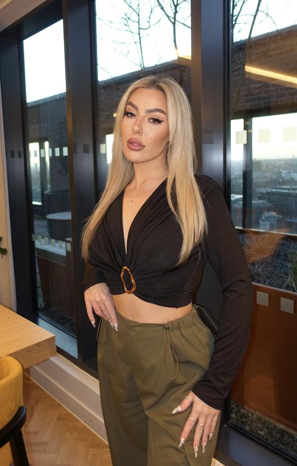 Femme Luxe Black Long Sleeve Buckle Front Twist Crop Top - Flora