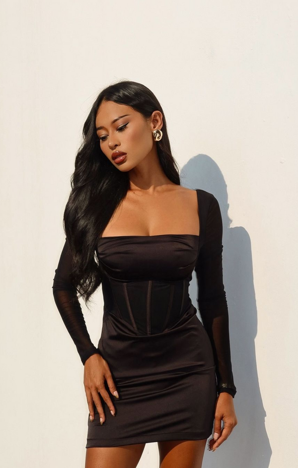 femme luxe Black Long Sleeve Corset Bodycon Mini Dress - Nyasia