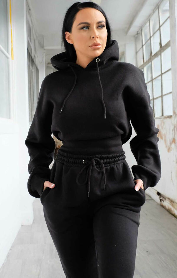 Femme Luxe Black Long Sleeve Cropped Fleece Hoodie & Cuffed Joggers Loungewear Set - Layla