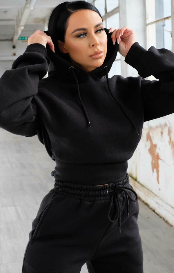 Femme Luxe Black Long Sleeve Cropped Fleece Hoodie & Cuffed Joggers Loungewear Set - Layla