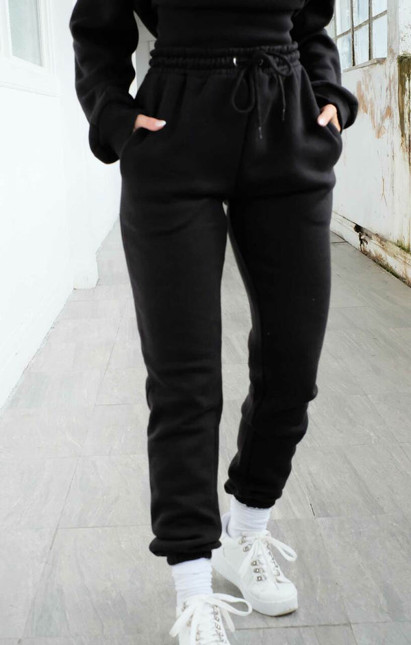 Femme Luxe Black Long Sleeve Cropped Fleece Hoodie & Cuffed Joggers Loungewear Set - Layla