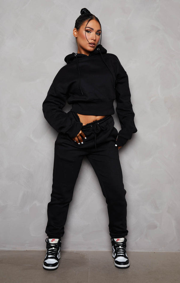 femme luxe Black Long Sleeve Cropped Fleece Hoodie & Cuffed Joggers Loungewear Set - Layla