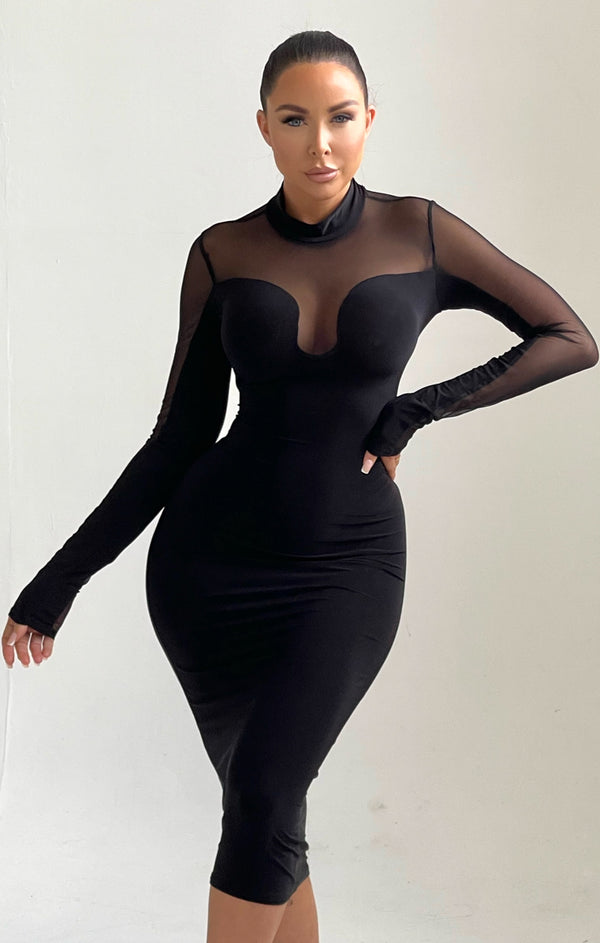femme luxe Black Long Sleeve High Neck Mesh Detail Midi Dress - Abbie