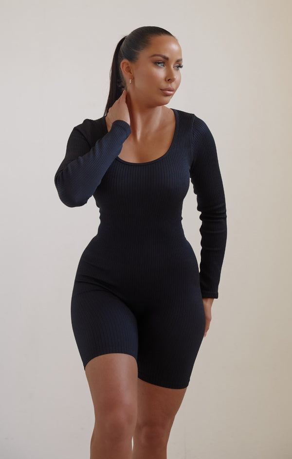 Femme Luxe Black Long Sleeve Plunge Fitted Unitard - Rahma