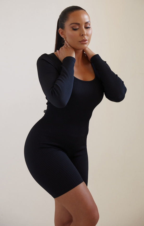 Femme Luxe Black Long Sleeve Plunge Fitted Unitard - Rahma