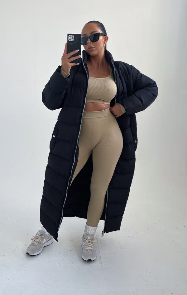 Femme Luxe Black Longline Maxi Zip Up Puffer Coat - Heather