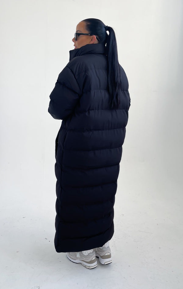 Femme Luxe Black Longline Maxi Zip Up Puffer Coat - Heather