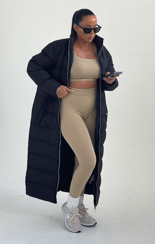 femme luxe Black Longline Maxi Zip Up Puffer Coat - Heather