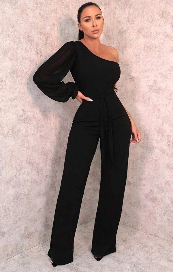 Femme Luxe Black Mesh One Shoulder Sleeve Flare Leg Jumpsuit - Daisy