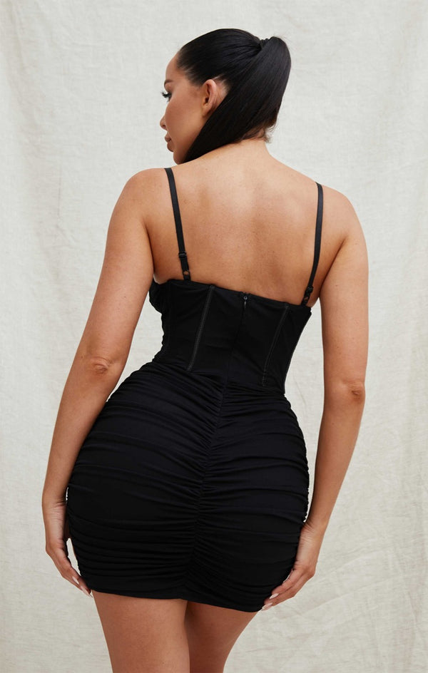 Femme Luxe Black Mesh Ruched Corset Strappy Bodycon Mini Dress - Penny