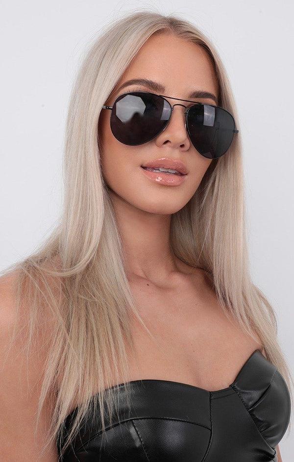 femme luxe Black Metal Frame Aviator Sunglasses - Sophie