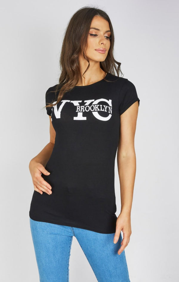 Femme Luxe Black ‘NYC Brooklyn’ Slogan Print T-Shirt - Elissara