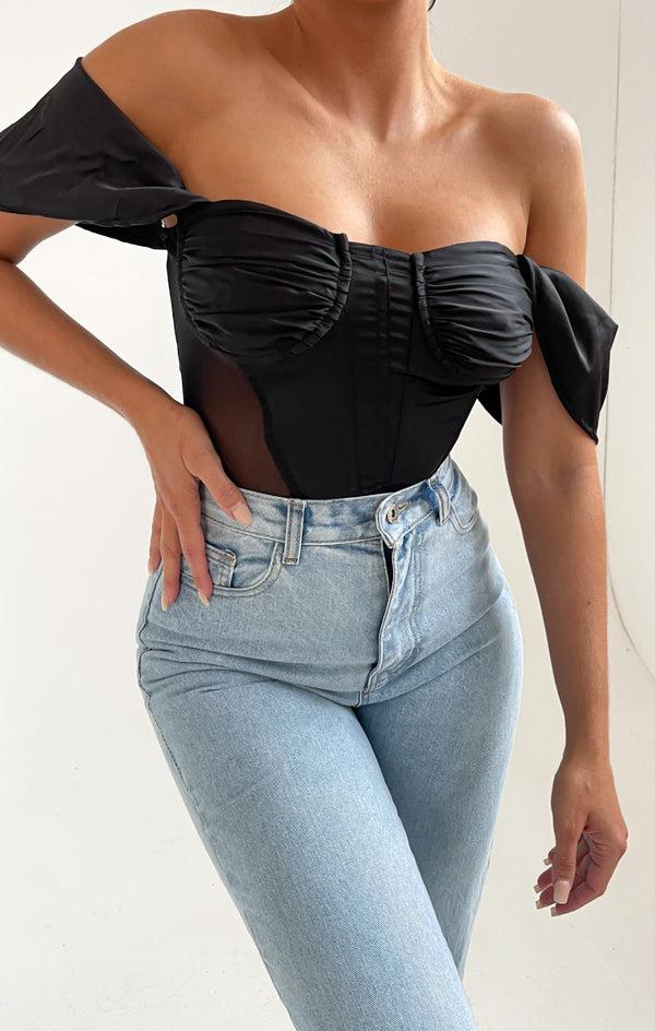 Femme Luxe Black Off Shoulder Corset Style Bodysuit - Anya