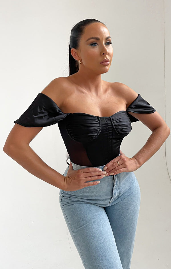 Femme Luxe Black Off Shoulder Corset Style Bodysuit - Anya