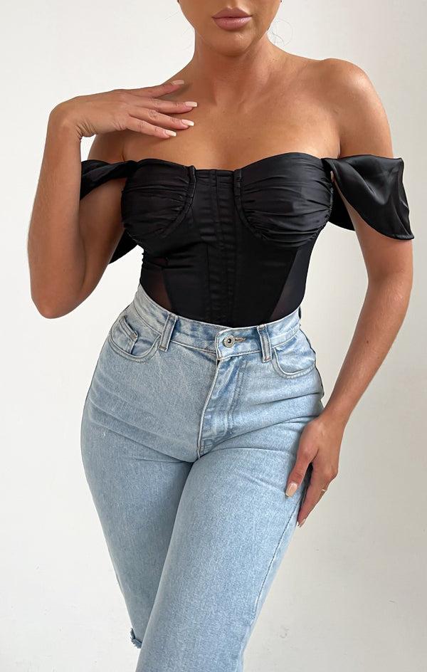 femme luxe Black Off Shoulder Corset Style Bodysuit - Anya