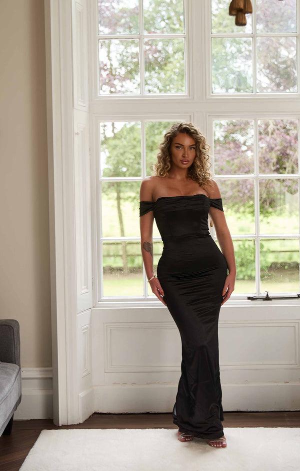 Femme Luxe Black Off The Shoulder Bodycon Drape Detail Maxi Dress - Carolina