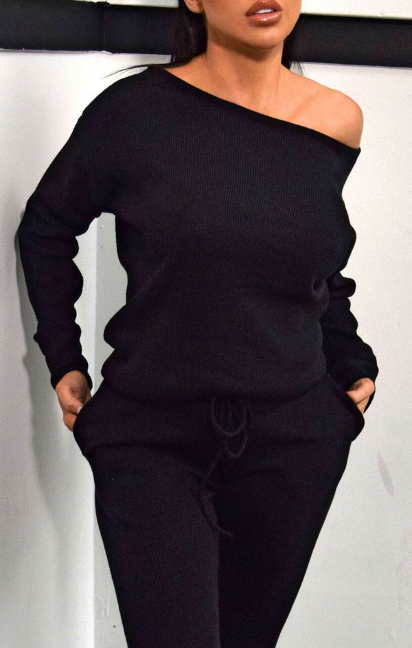 Femme Luxe Black Off The Shoulder Jumper & Drawstring High Waisted Joggers Knitted Loungewear Set - Christina