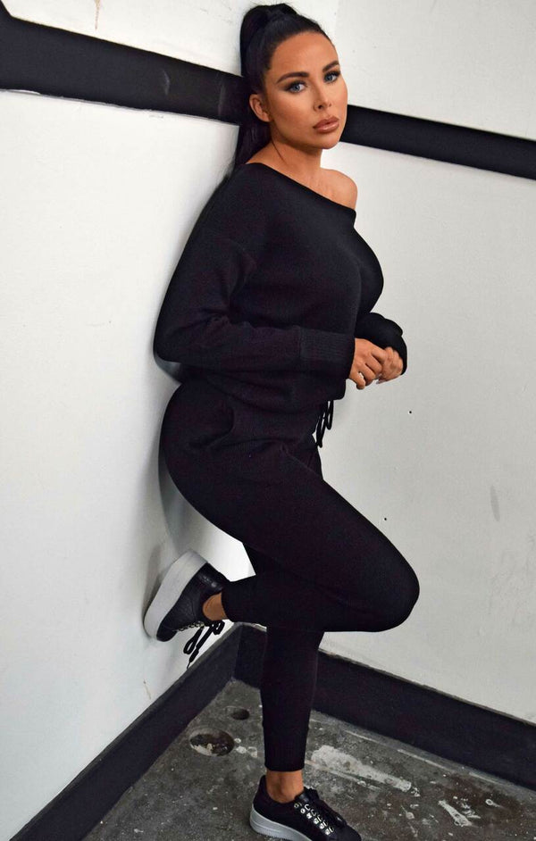 Femme Luxe Black Off The Shoulder Jumper & Drawstring High Waisted Joggers Knitted Loungewear Set - Christina