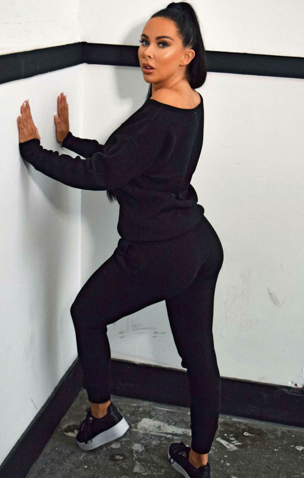 Femme Luxe Black Off The Shoulder Jumper & Drawstring High Waisted Joggers Knitted Loungewear Set - Christina
