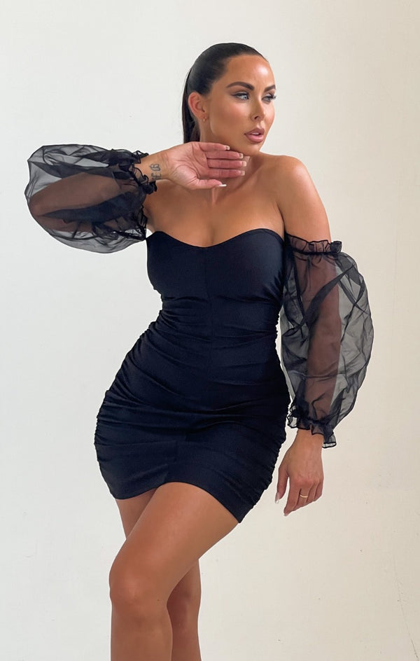 Femme Luxe Black Off The Shoulder Mesh Puff Sleeves Bodycon Mini Dress - Vicky