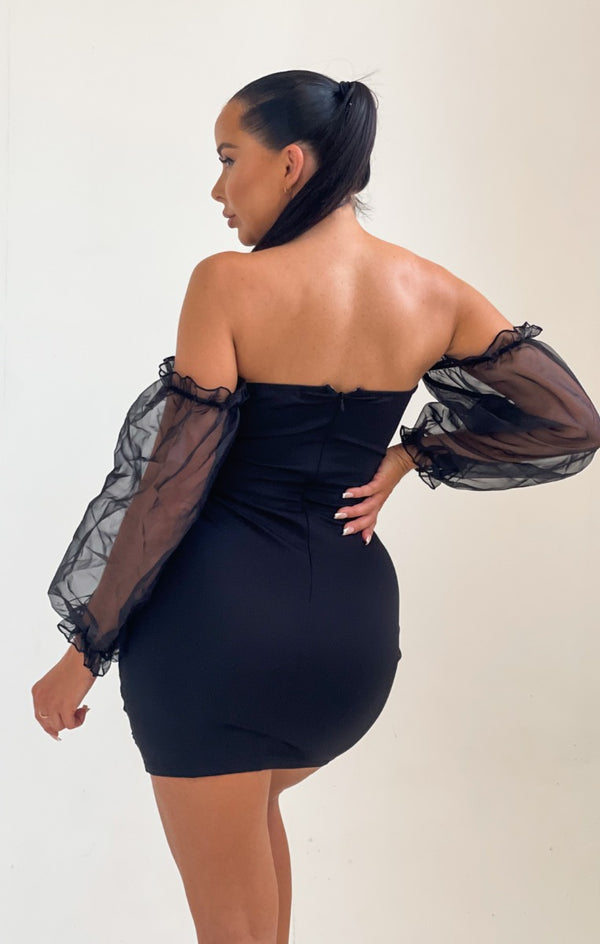 Femme Luxe Black Off The Shoulder Mesh Puff Sleeves Bodycon Mini Dress - Vicky