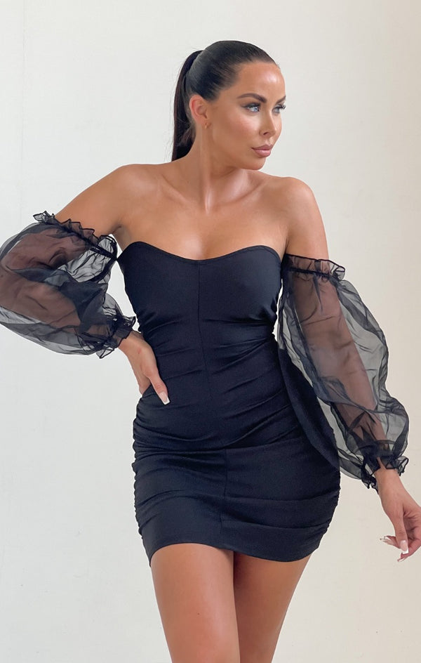 femme luxe Black Off The Shoulder Mesh Puff Sleeves Bodycon Mini Dress - Vicky