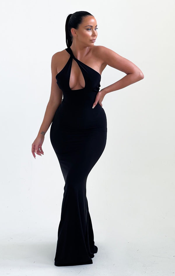 femme luxe Black One Shoulder Asymmetric Strap Cut Out Bodycon Maxi Dress - Darcie