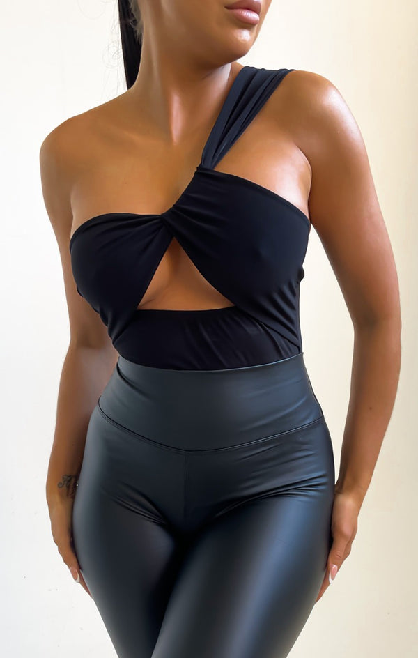 Femme Luxe Black One Shoulder Cut Out Asymmetric Fitted Bodysuit - Nuria