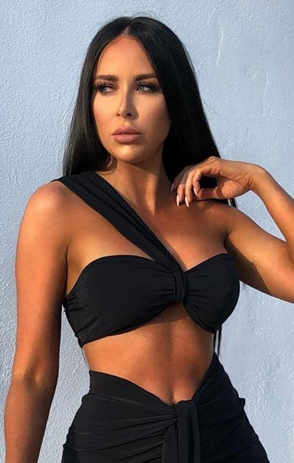 femme luxe Black One Shoulder Knot Bralette Top - Julie
